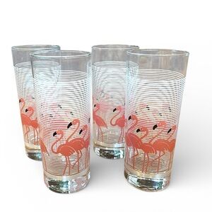 Luminarc Tom Collins glasses, set of 4, pink flamingos and strips, vintage MCM